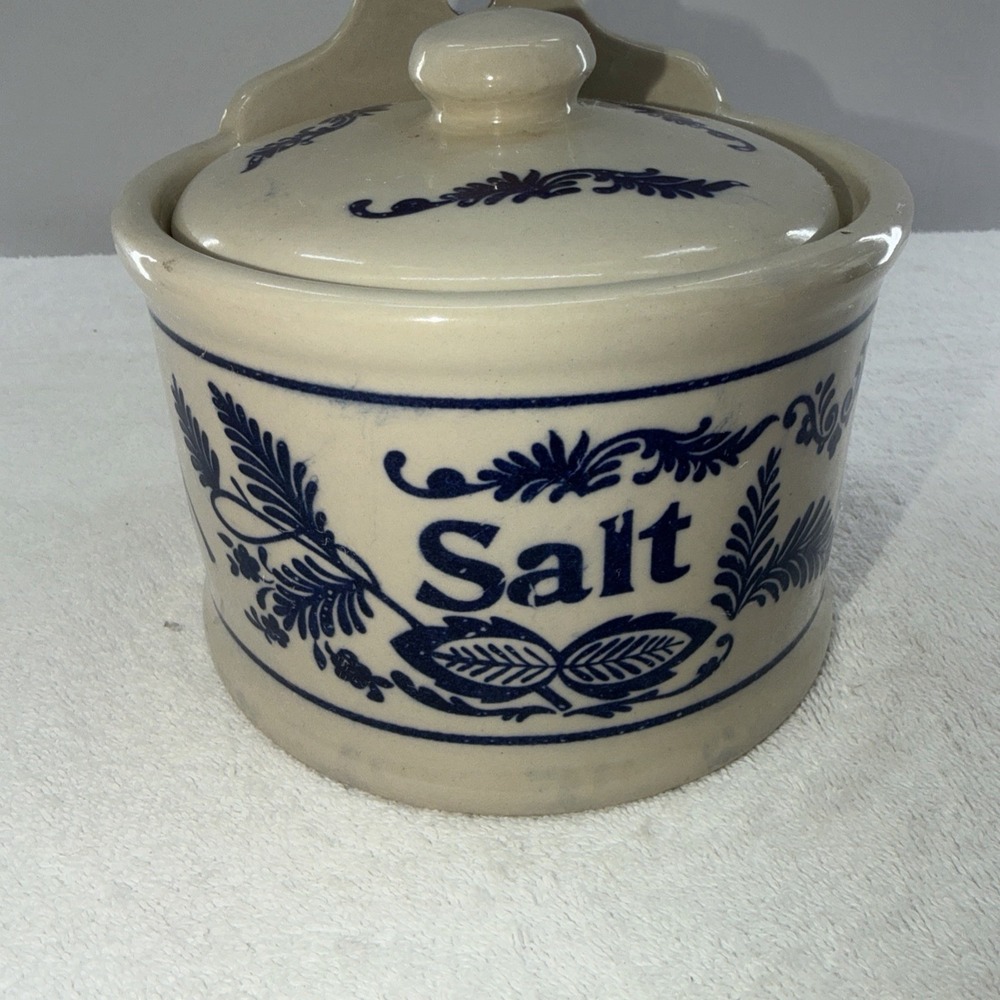 Extra Large Vintage Stoneware Blue Onion Salt Well With Lid & Wall Mount